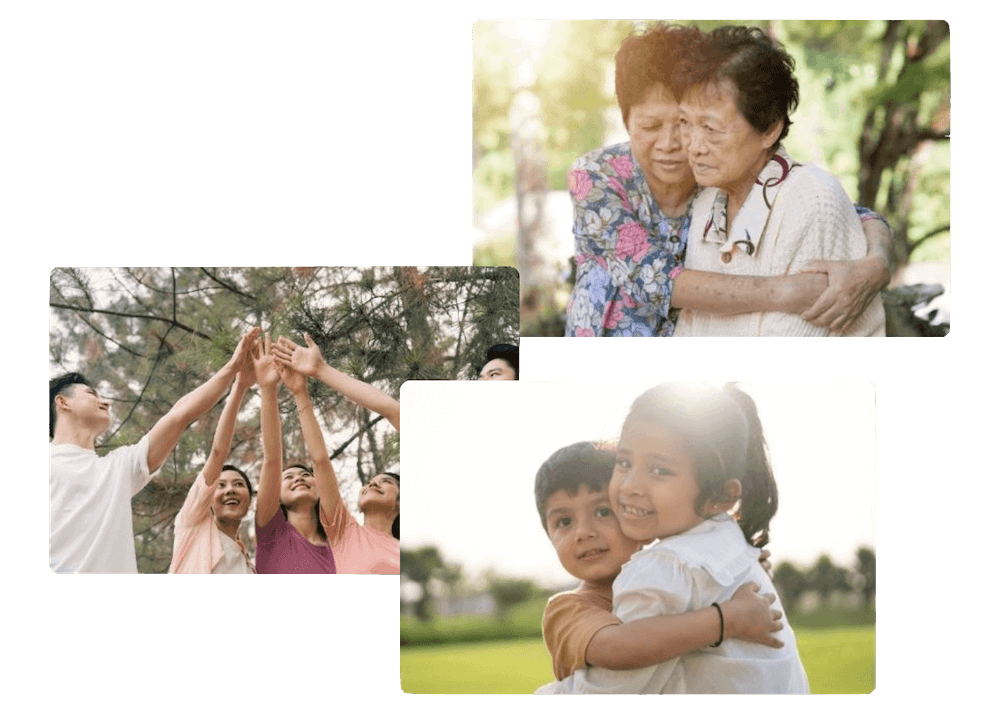 Cards showing a pair of elderly women comforting each other, a team of youths high-fiving, and a young girl embracing her little brother